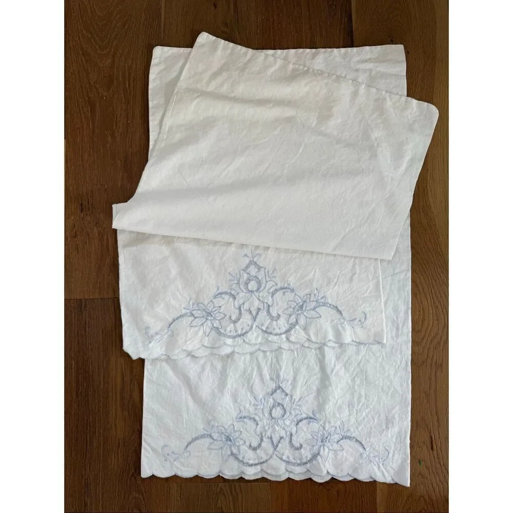 2 Vintage Queen Size Pillowcases Blue Edged Battenburg Lace Detail Scalloped End